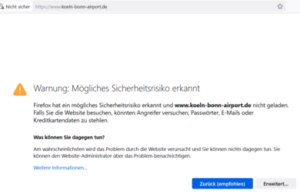 Firefox warnt vor Internetseite vom Flughafen Köln/Bonn